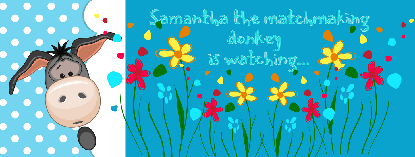 Travel mug with a handle Samantha the matchmaking donkey!