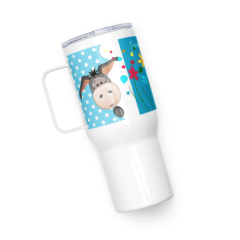 Travel mug with a handle Samantha the matchmaking donkey!